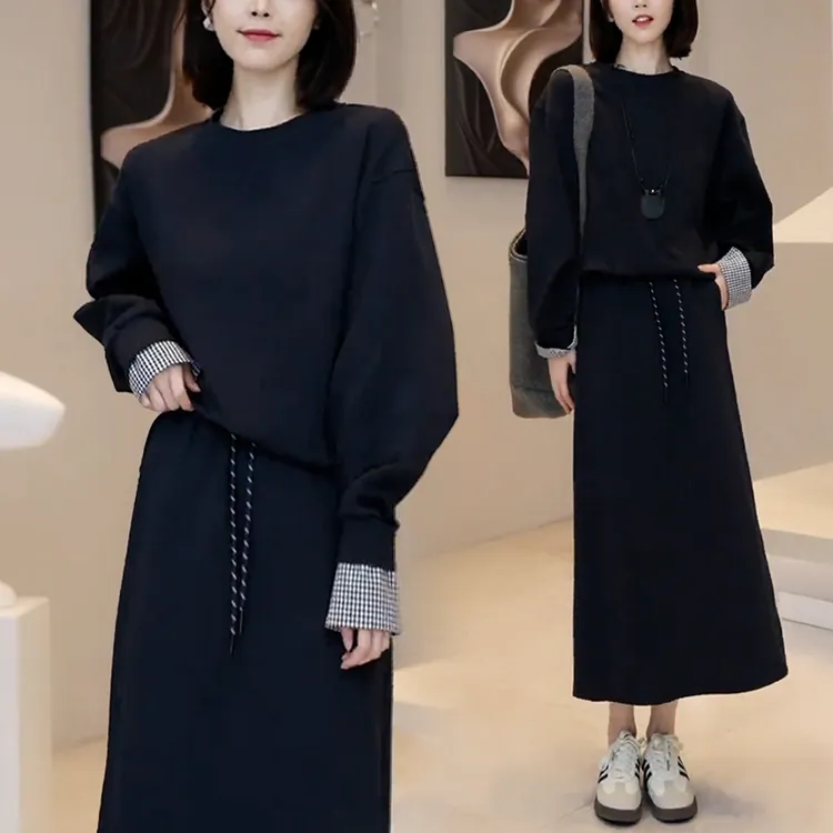 高含棉时尚套装女2025年春秋季新款小个子假两件卫衣半身裙两件套
