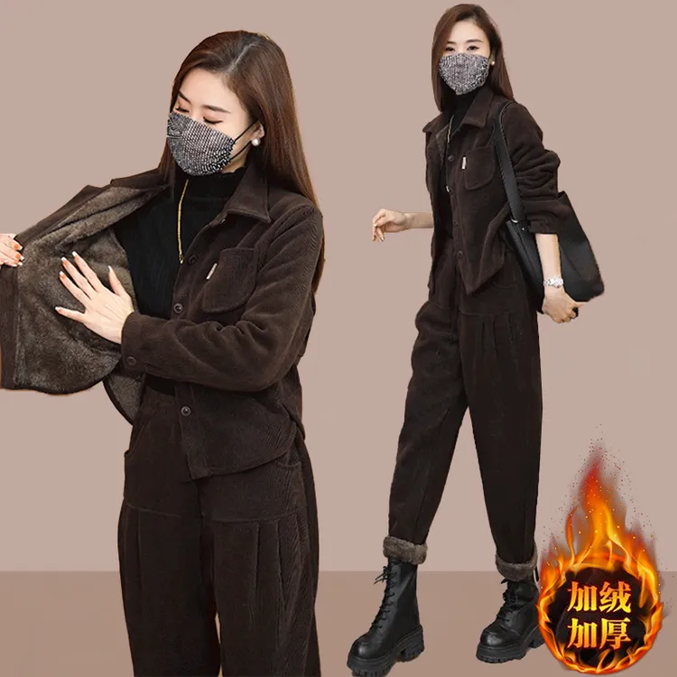加厚休闲套装女2025秋冬季加绒时尚单排扣大码显瘦长袖外套两件套