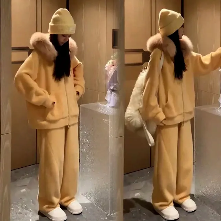 韩版温柔慵懒风套装女搭配一整套加厚毛领连帽卫衣外套长裤两件套