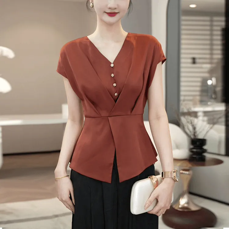 设计感收腰短袖衬衫女2024年夏季新款气质减龄显瘦洋气v领衬衣ins