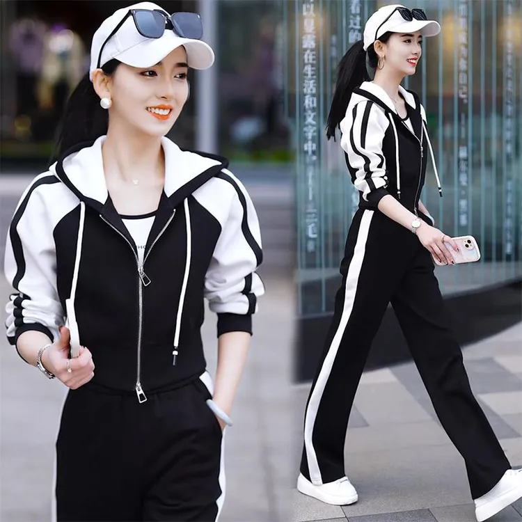 休闲运动服套装女2025春秋新款时尚洋气减龄连帽外套阔腿裤两件套