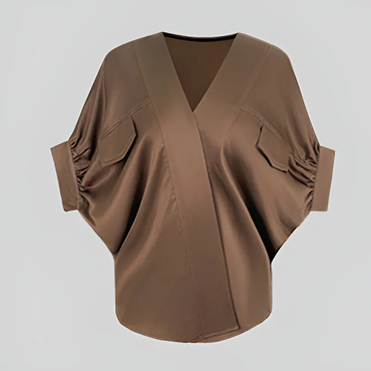 2024年夏季新款高级感气质纯色蝙蝠袖衬衫女V领时尚法式绝美上衣