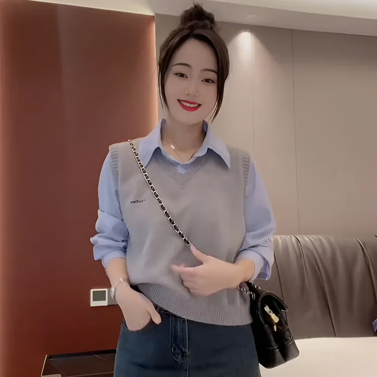设计感时尚拼接衬衫女2024秋季新款小个子洋气显瘦减龄假两件上衣