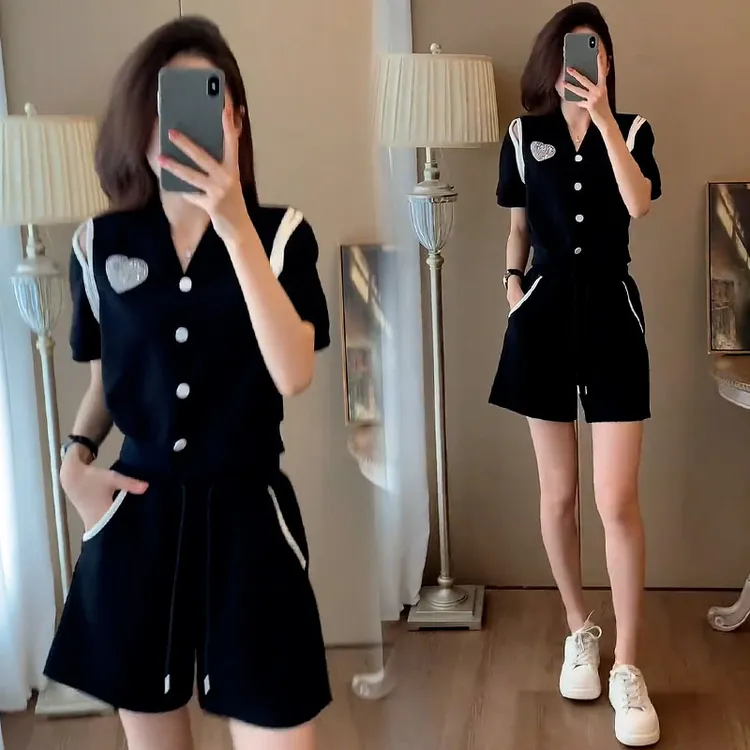 时尚休闲套装女2024年夏季新款洋气显瘦短袖开衫短裤运动服两件套