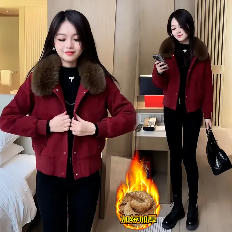 时尚拼接加绒加厚短外套2025年新款冬季大毛领休闲时尚百搭棉服潮