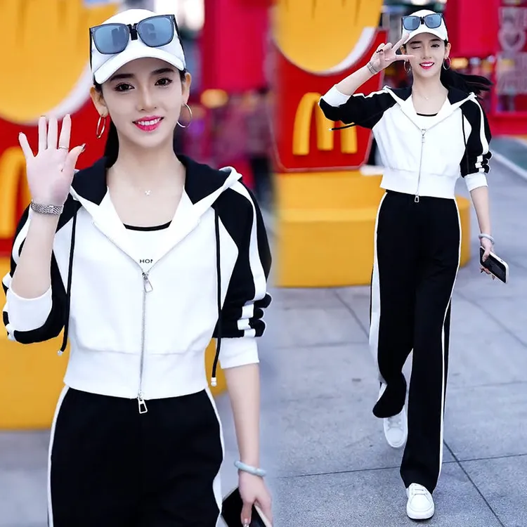 时尚休闲套装女2025年春秋季新款洋气连帽开衫卫衣运动服两件套潮