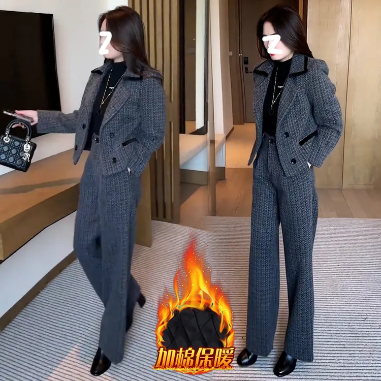 时尚夹棉加厚套装女2025年冬季新款洋气显瘦西装外套直筒裤两件套