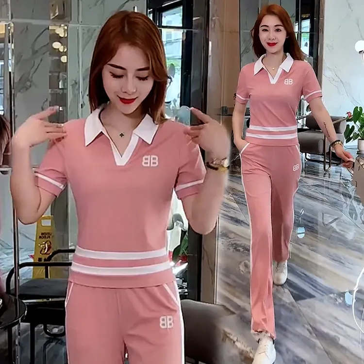 棉时尚气质运动服套装女2024夏季新款宽松洋气翻领减龄短袖两件套