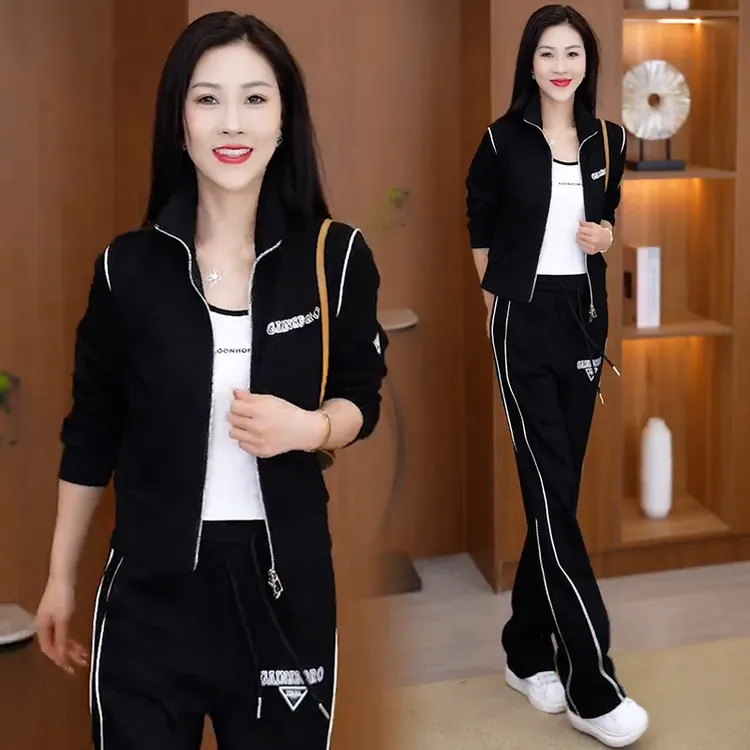 高含棉时尚运动服套装女2025年春秋款洋气减龄印花拉链卫衣两件套