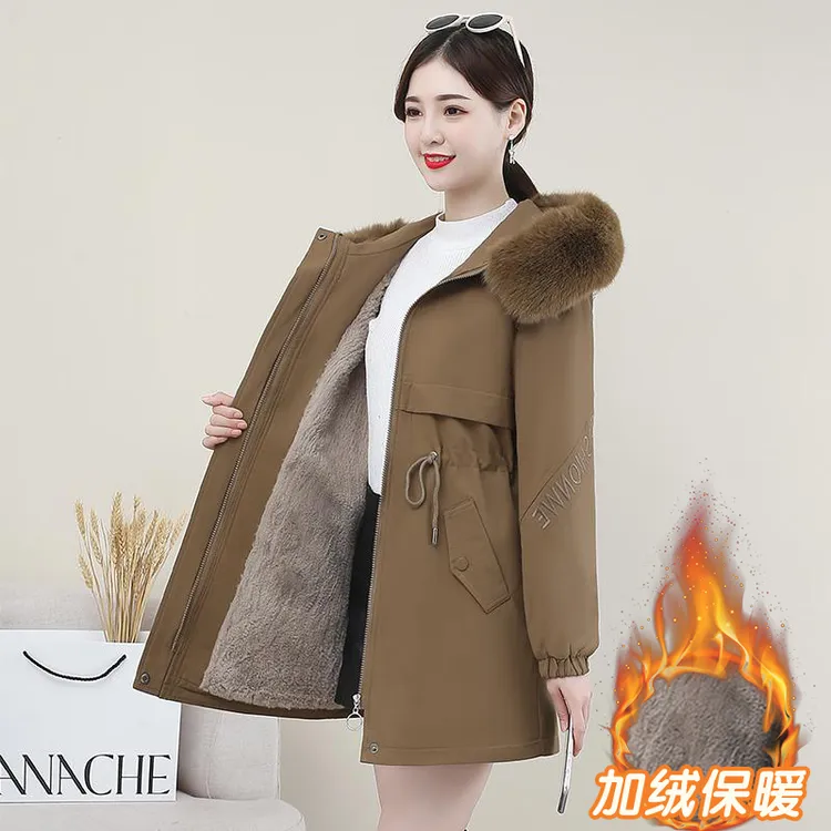 派克服加绒加厚时尚百搭棉服2025年秋冬季新款中老年人毛领上衣女