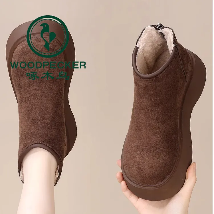 啄木鸟复古厚底磨砂短靴女冬季新款大棉加绒后拉链防寒保暖雪地靴
