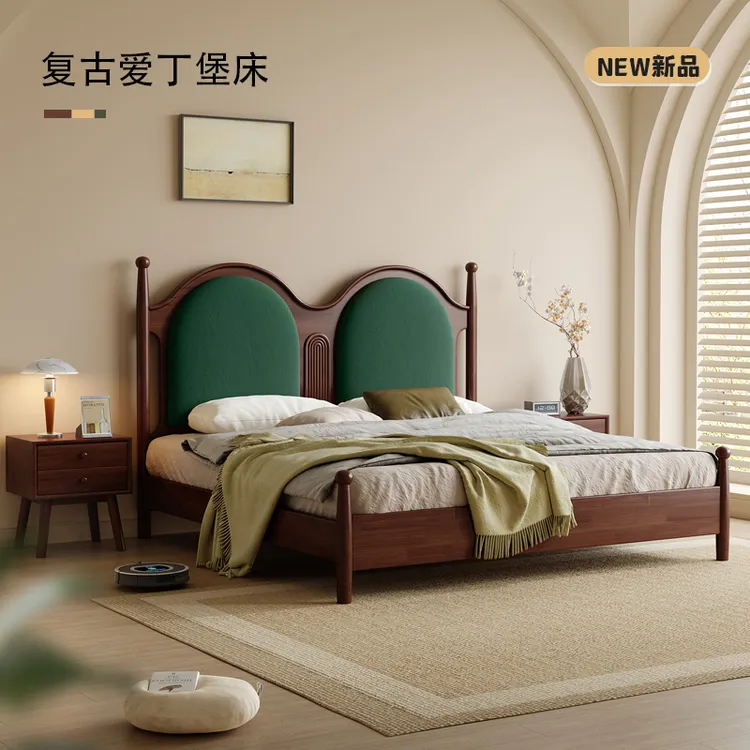 泉野北欧简约复古软包1.8米大床主卧室家具双人床中古风床