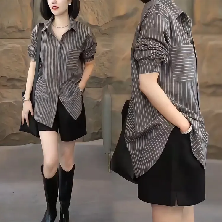 2024春季新款长袖时尚百搭休闲条纹显瘦衬衫上衣女气质洋气衬衣