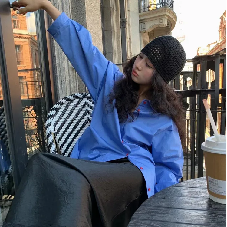 美式复古蓝色防晒衬衫女装夏季新款高级感小个子港风穿搭外套上衣