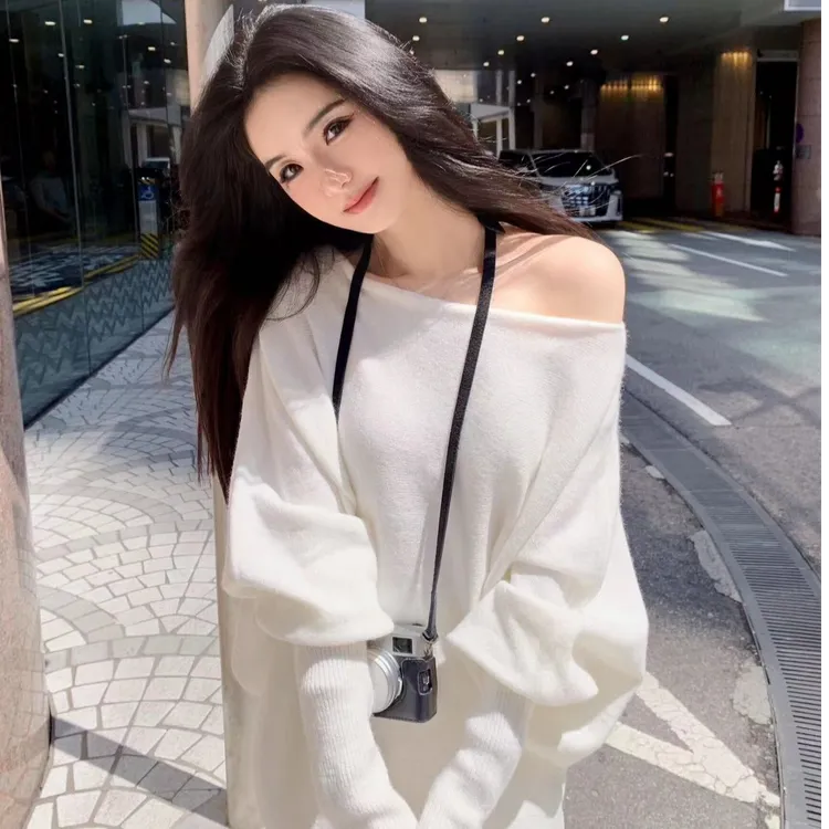 2025春季新款时尚套装长袖白色针织打底纯色韩版慵懒风休闲百搭