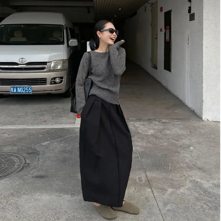 灰色圆领套头内搭毛衣女春季外穿韩系穿搭慵懒风打底衫针织衫上衣