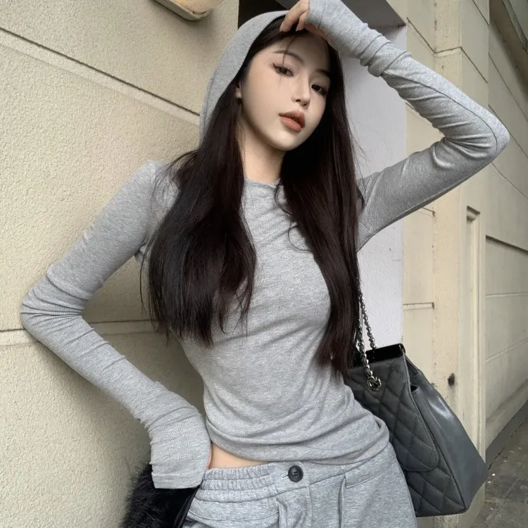 灰色连帽修身长袖T恤打底衫上衣女春季2025新款抽绳休闲阔腿长裤