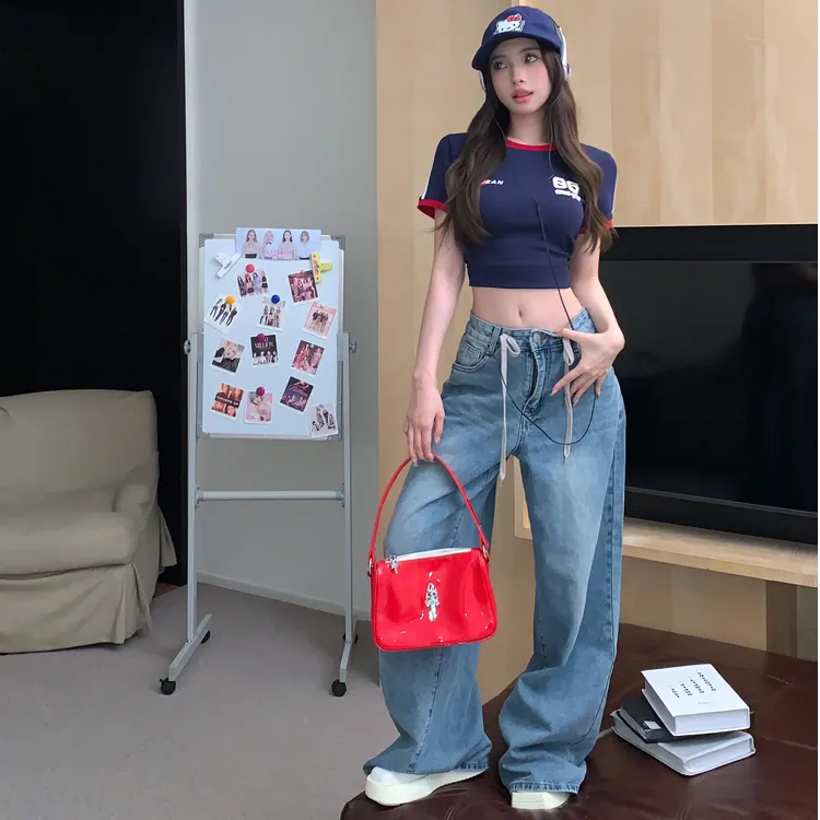 美式字母印花圆领短袖T恤女夏季紧身显瘦辣妹撞色打底衫短款上衣