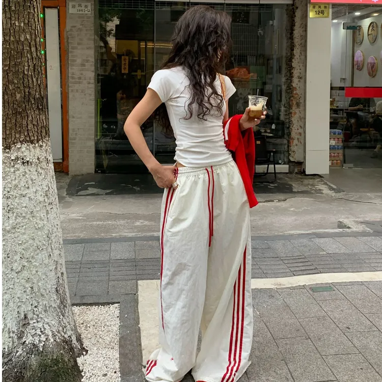 2025夏季新款显瘦运动健身T恤时尚休闲高腰百搭宽松韩版直筒撞色