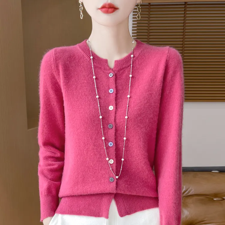 100%纯羊毛开衫女圆领宽松针织打底衫秋冬装纯色长袖百搭羊绒外套