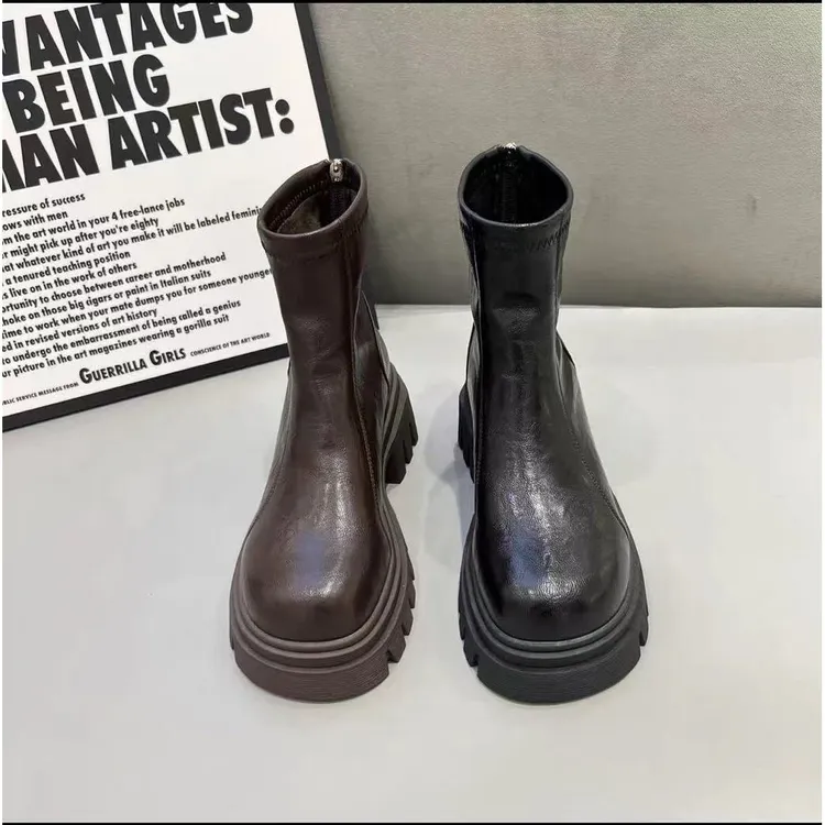 0724新款时尚软底软皮百搭厚底后拉链女鞋