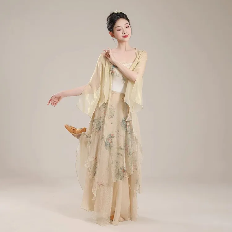古典舞蹈服仙气鎏金印花纱衣飘逸大摆裙演出舞蹈中国民族舞练功服