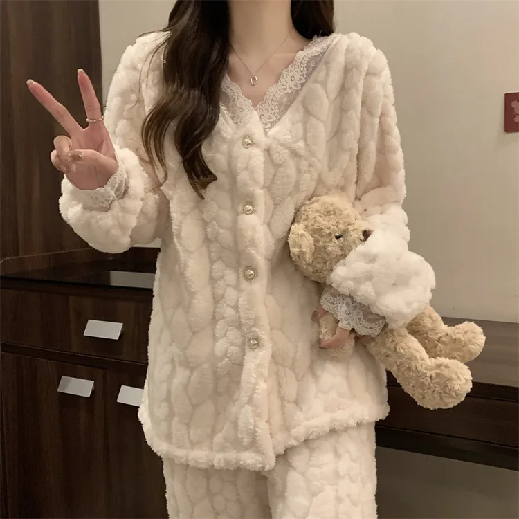 网红爆款2025新款秋冬季睡衣女士珊瑚绒加厚加绒可外穿家居服套装