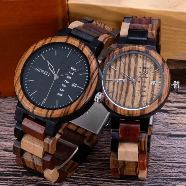 贝威尔BEWELL情侣拼色木制手表个性日历男女情人节石英木腕表小叶