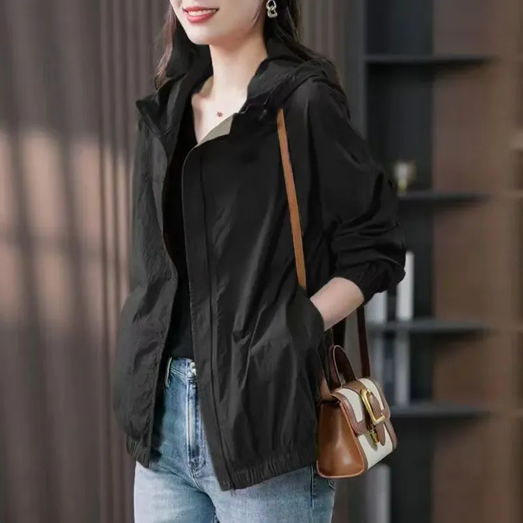原形连帽轻薄短外套女2025春秋新款韩版小个子夹克宽松休闲上衣