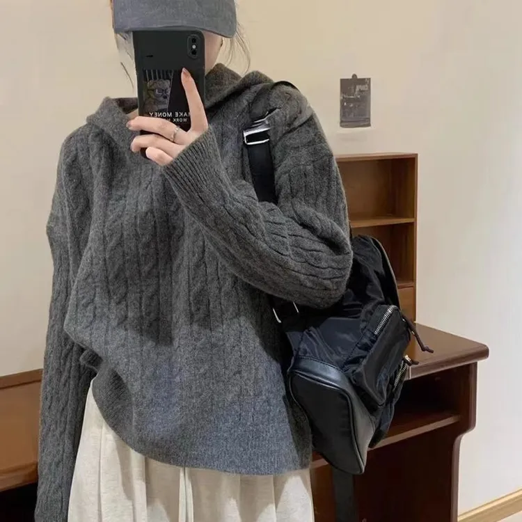 温柔风麻花百搭毛衣针织衫女春秋冬新款保暖连帽麻花休闲打底上衣