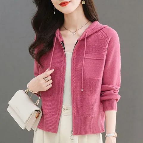 美拉德风连帽针织卫衣开衫女春秋新款短毛衣外套小个子外搭针织衫