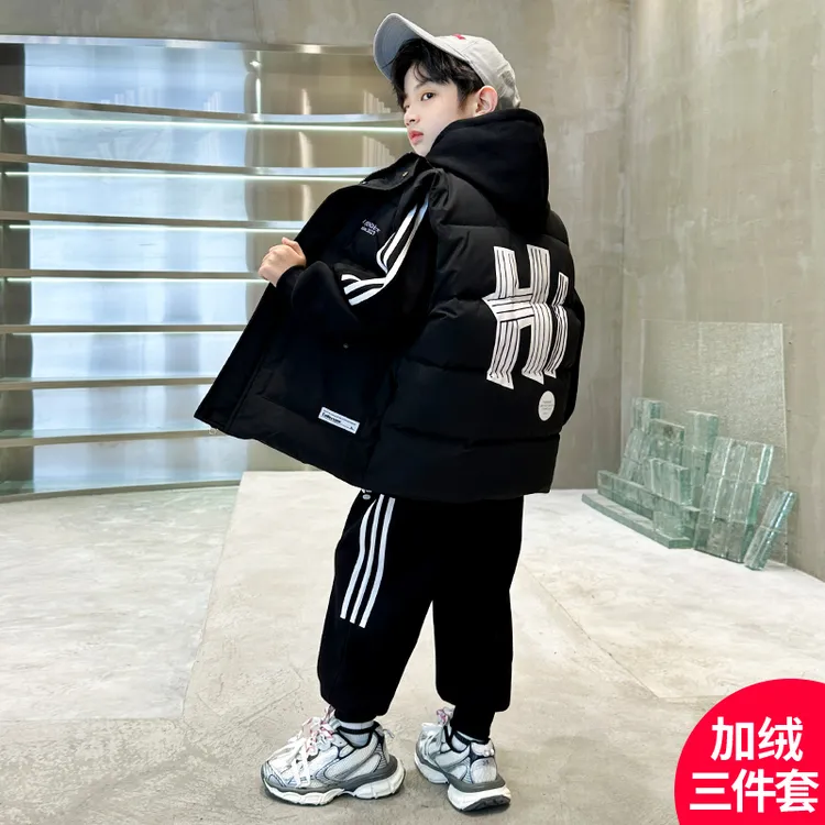男童冬装套装2024新款秋冬季中大儿童男孩加绒加厚卫衣马甲三件套