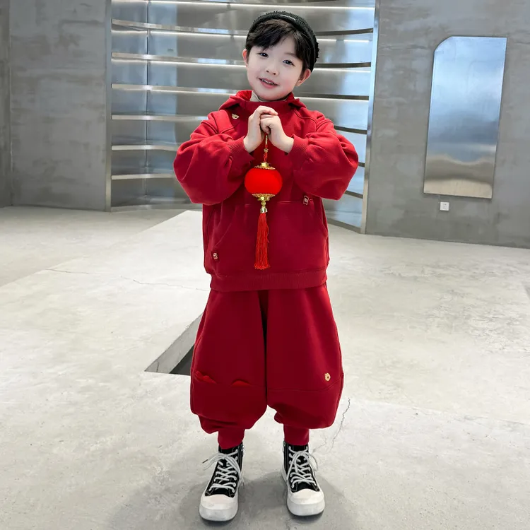 儿童装男童秋装套装唐装秋冬款红色国风洋气卫衣男孩秋季运动帅气