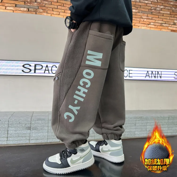 儿童装男童一体加绒裤子冬季2025新款大童秋冬款男孩加厚运动卫裤