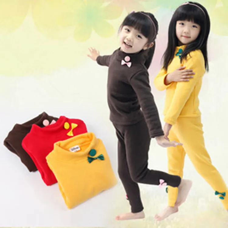 女童冬装加绒高领保暖内衣套装儿童居家纯色加厚秋衣秋裤女孩白色