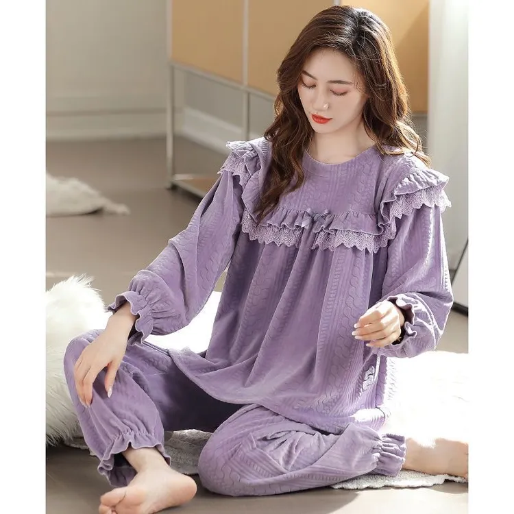 睡衣女春秋季新款紫色舒适加绒加厚珊瑚绒法兰绒高级感家居服女士