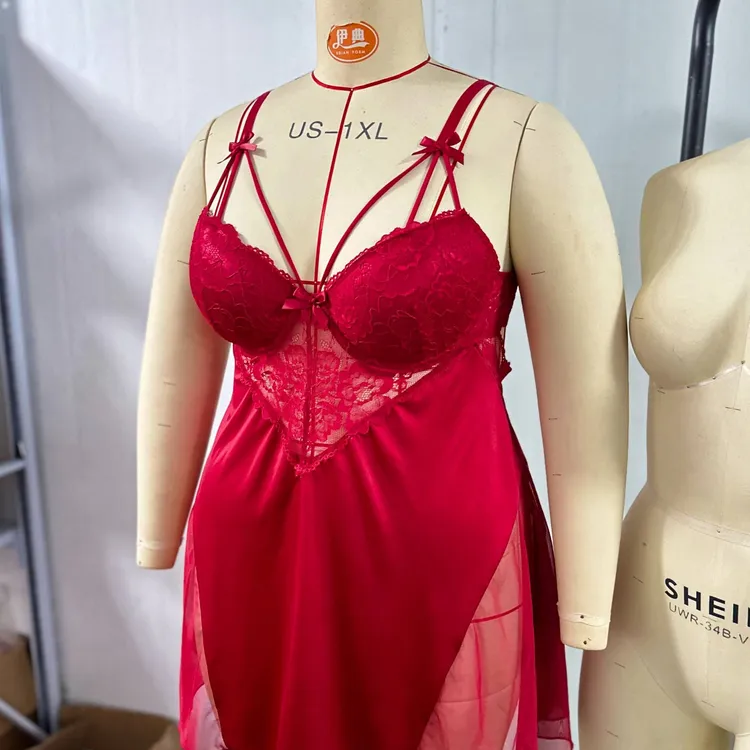 【大红定制】胸美人（穿到260斤）2024新款带胸垫大码性感睡衣战袍女