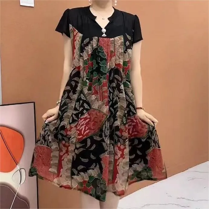 夏季休闲百搭中老年拼接印花遮肉连衣裙显瘦妈妈短袖高档气质裙子
