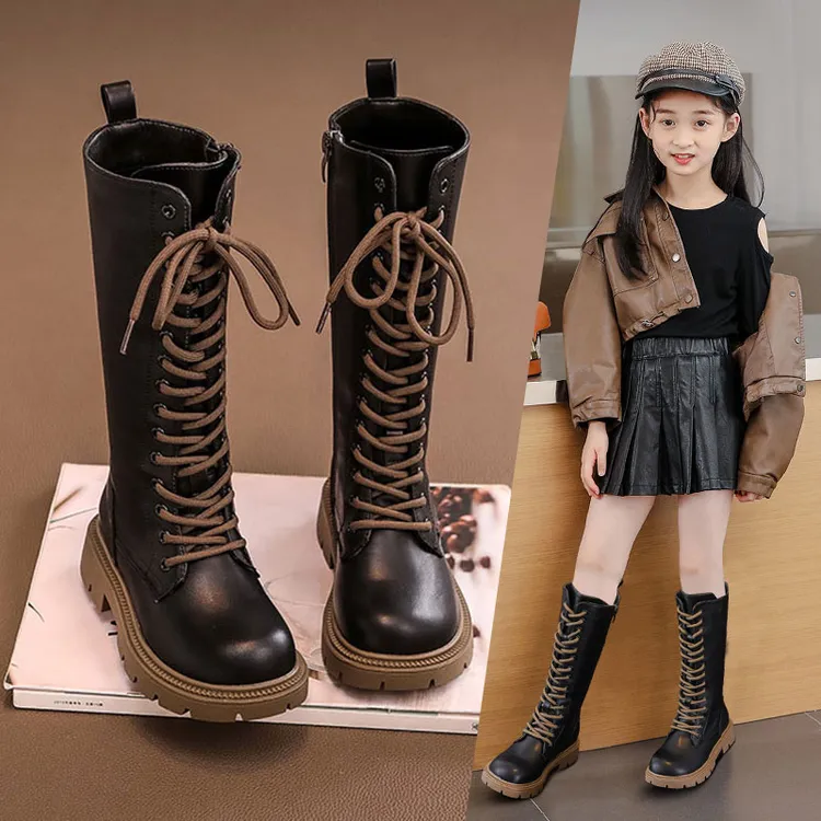 高筒靴子女童马丁靴秋冬季新款法式网红女孩长筒靴加绒二棉儿童鞋