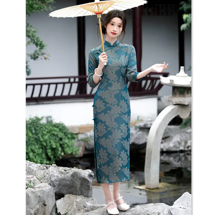 老上海复古中国风传统长款七分袖旗袍2024秋季新款女士宴会旗袍裙