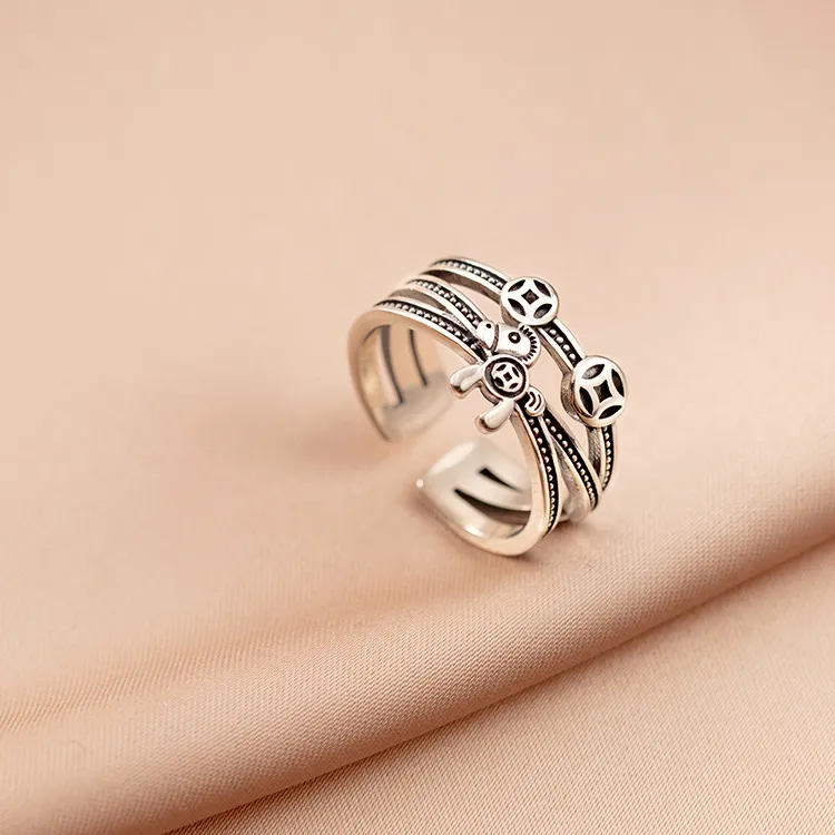 马上有钱戒指女复古做旧铜币赢钱转运开口可调节招财食指环潮