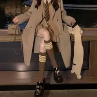 衣人花/咖色条纹小腿袜复古学院风春秋日系袜子女ins撞色小腿