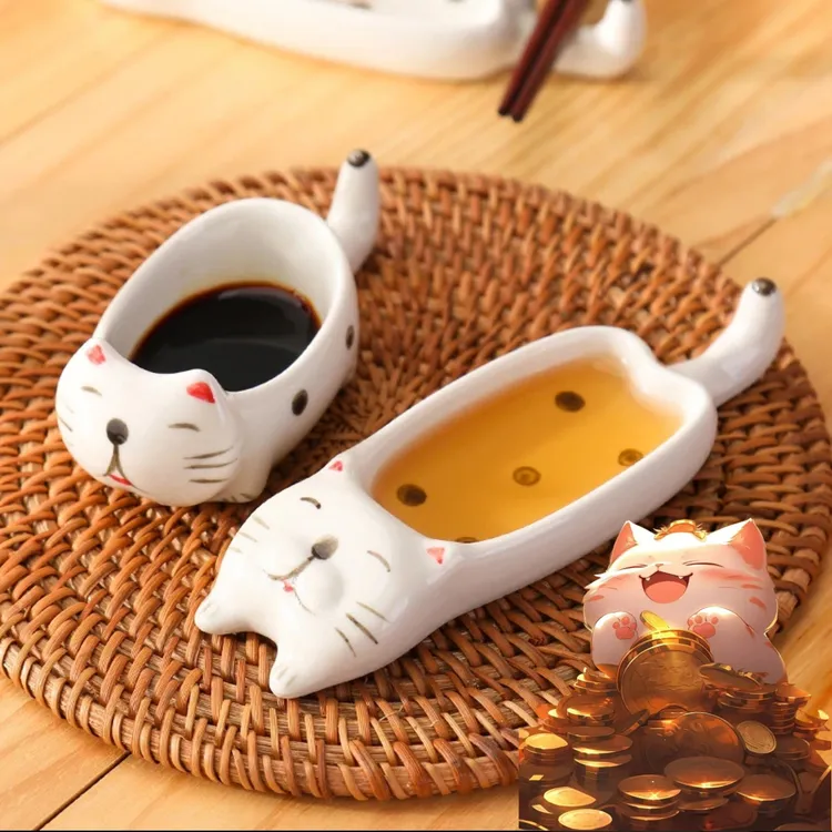 呆萌可爱猫咪陶瓷调料碟家用调味蘸料碟筷架创意手绘釉下彩小碟子