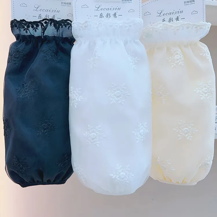 长款蕾丝袖套双层绣花网纱套袖女款秋冬季纯色羽绒服专用护袖袖头