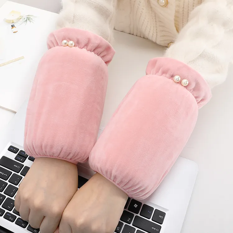 秋冬季短款珍珠袖套女士防污套袖纯色毛绒布防脏护袖口羽绒服袖头