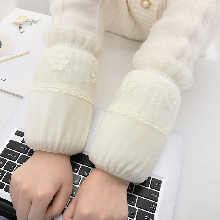 秋冬季蕾丝袖套女士短款绣花防污套袖办公室上班白色羽绒服护袖头