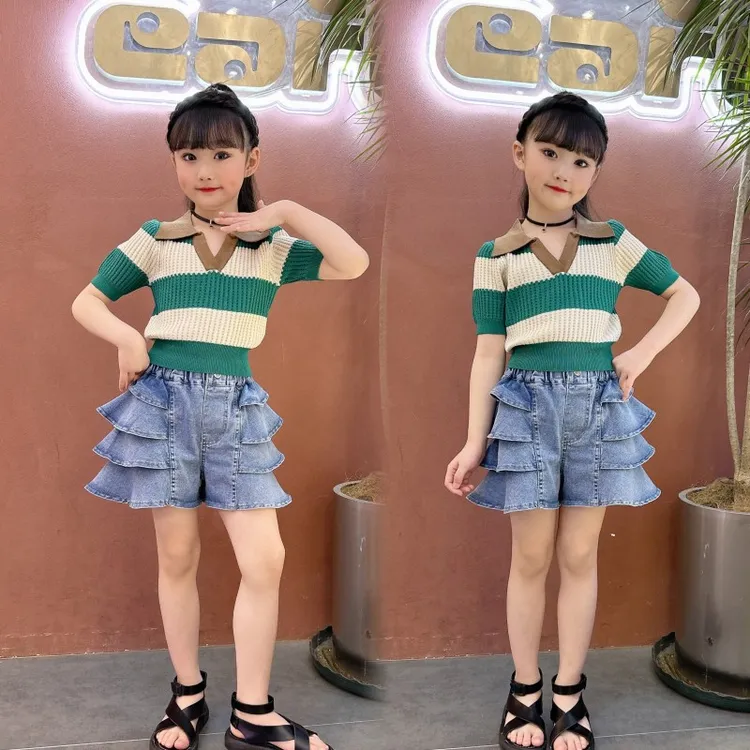 女童夏季套装果绿色条纹针织衫儿童洋气百搭小女孩牛仔裙裤两件套