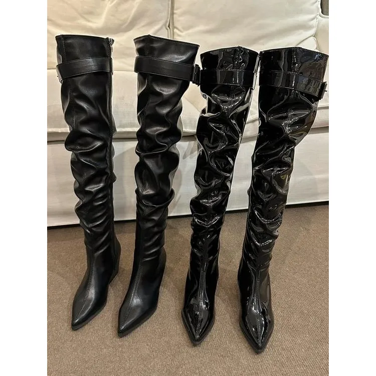 黑色粗跟过膝长筒靴大筒围堆堆靴褶皱高筒长靴女尖头靴秋冬两穿款