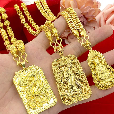 合金项链 龙纹项链龙牌吊坠火焰观音老板链关公方牌链潮流时尚