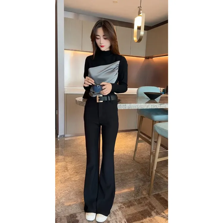 名媛风气质洋气半高领撞色拼接设计感打底衫女中长款显瘦微喇长裤